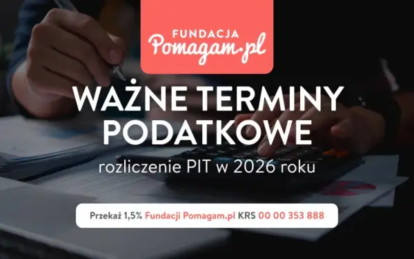 Dłoń pisząca długopisem nad dokumentami i kalkulatorem, z napisem "Ważne terminy podatkowe".